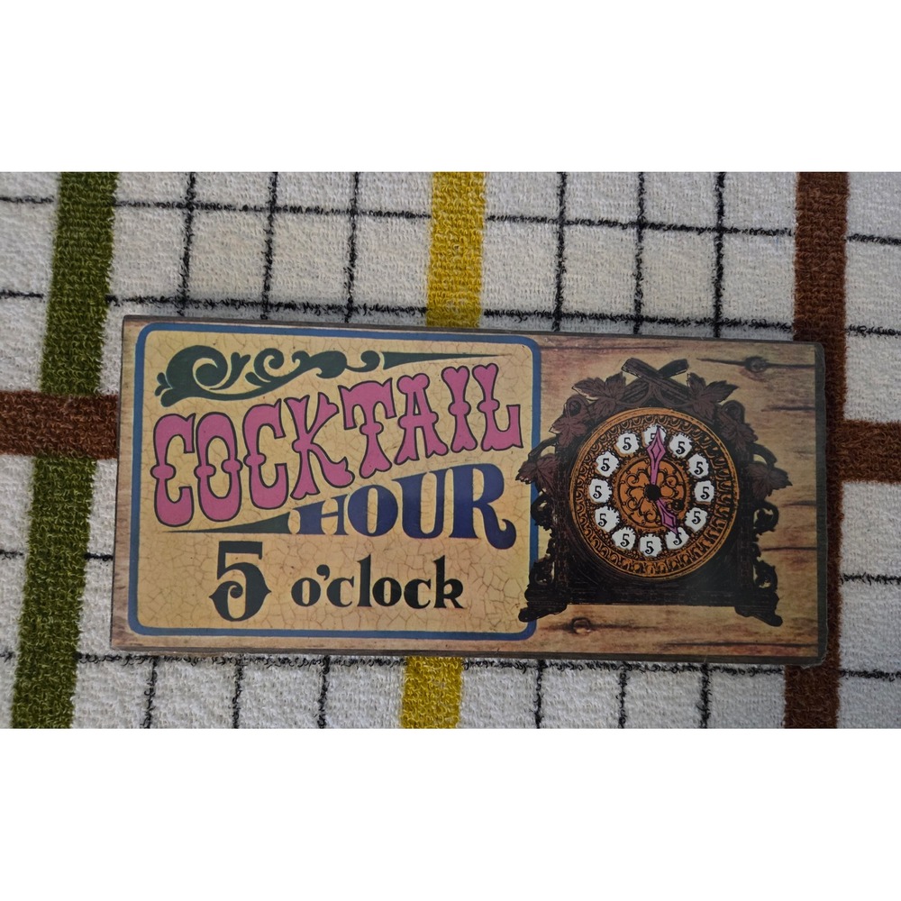 Vintage Style Cocktail Hour 5 O'clock Wooden Wall Sign Bar Decor Plaque New